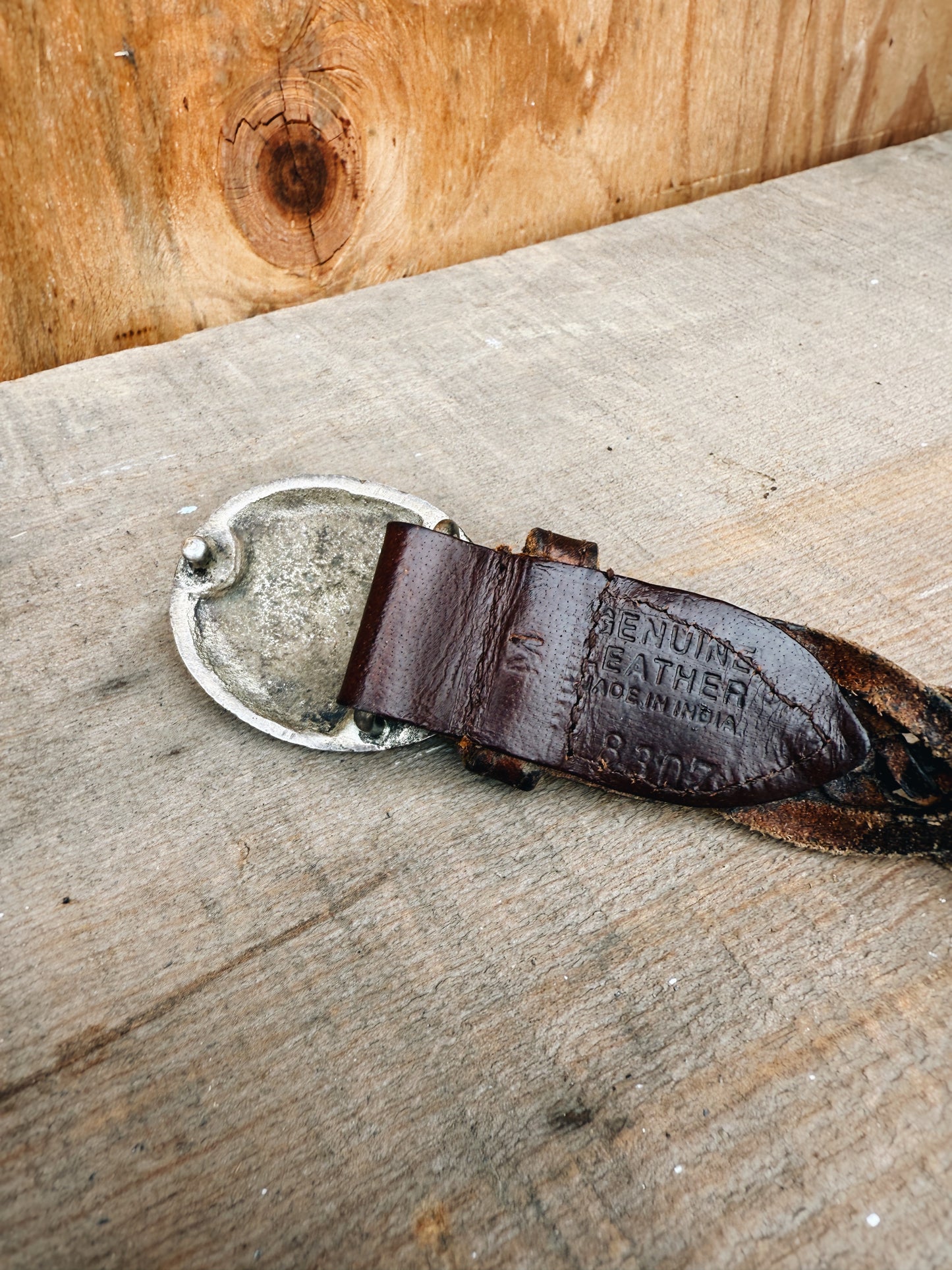 VINTAGE LEATHER BELT WITH PEWTER CONCHO BUCKLE
