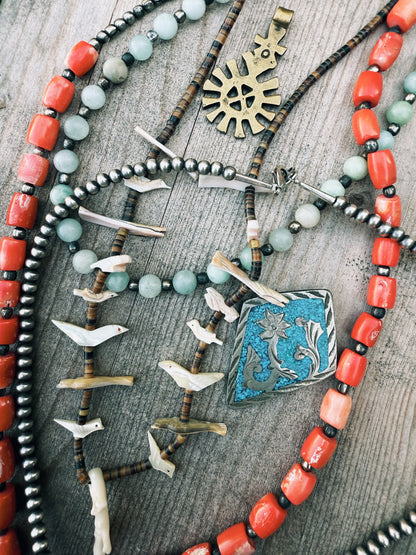 HEISHI AND MOTHER OF PEARL ZUNI FETISH NECKLACE