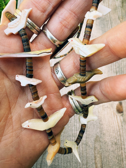 HEISHI AND MOTHER OF PEARL ZUNI FETISH NECKLACE