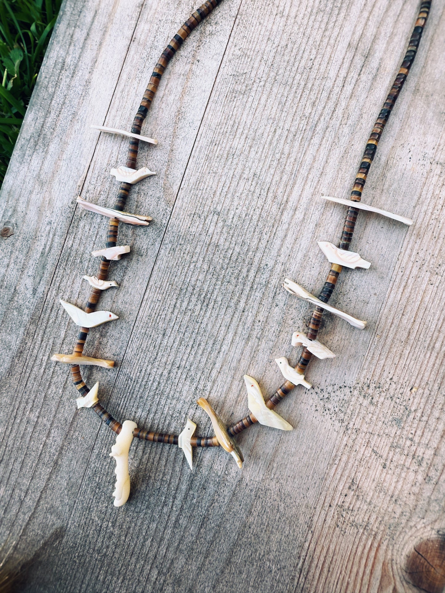 HEISHI AND MOTHER OF PEARL ZUNI FETISH NECKLACE