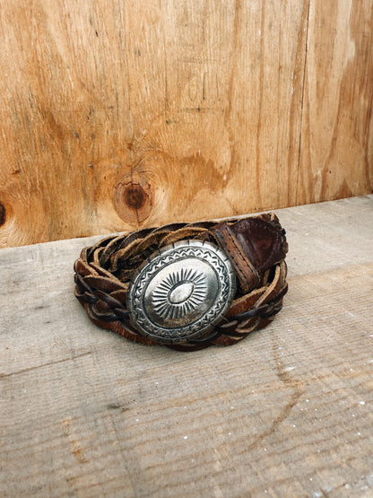 VINTAGE LEATHER BELT WITH PEWTER CONCHO BUCKLE