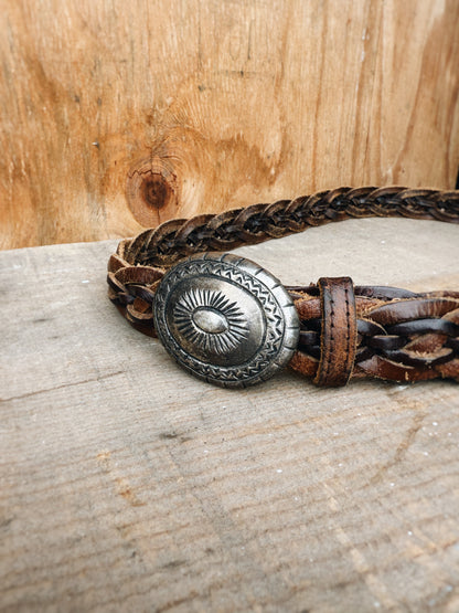 VINTAGE LEATHER BELT WITH PEWTER CONCHO BUCKLE