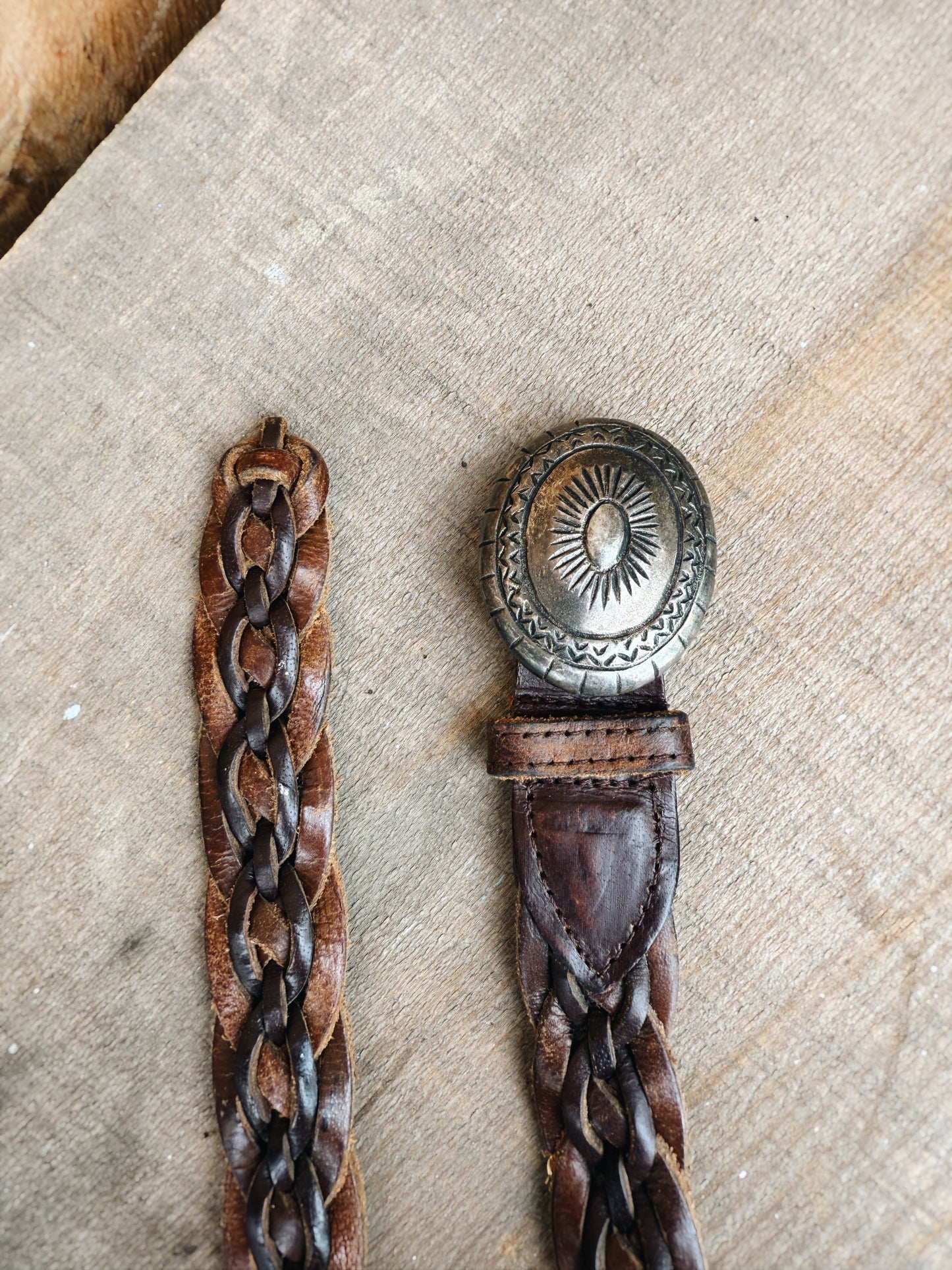 VINTAGE LEATHER BELT WITH PEWTER CONCHO BUCKLE